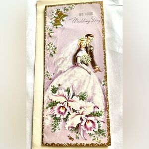 VTG Unused 1960’s Wedding Card with Envelope Vintage Bride Groom Orchids Bell